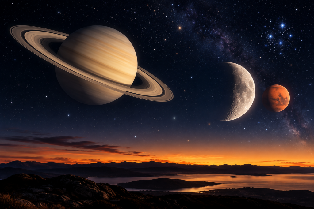 Saturno terá sua melhor noite do ano neste fim de semana — e a Lua ainda vai se encontrar com Marte